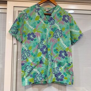 Vintage Made in Hawaii Scrub Top Floral Hibiscus Teal Purple V-Neck Medical S